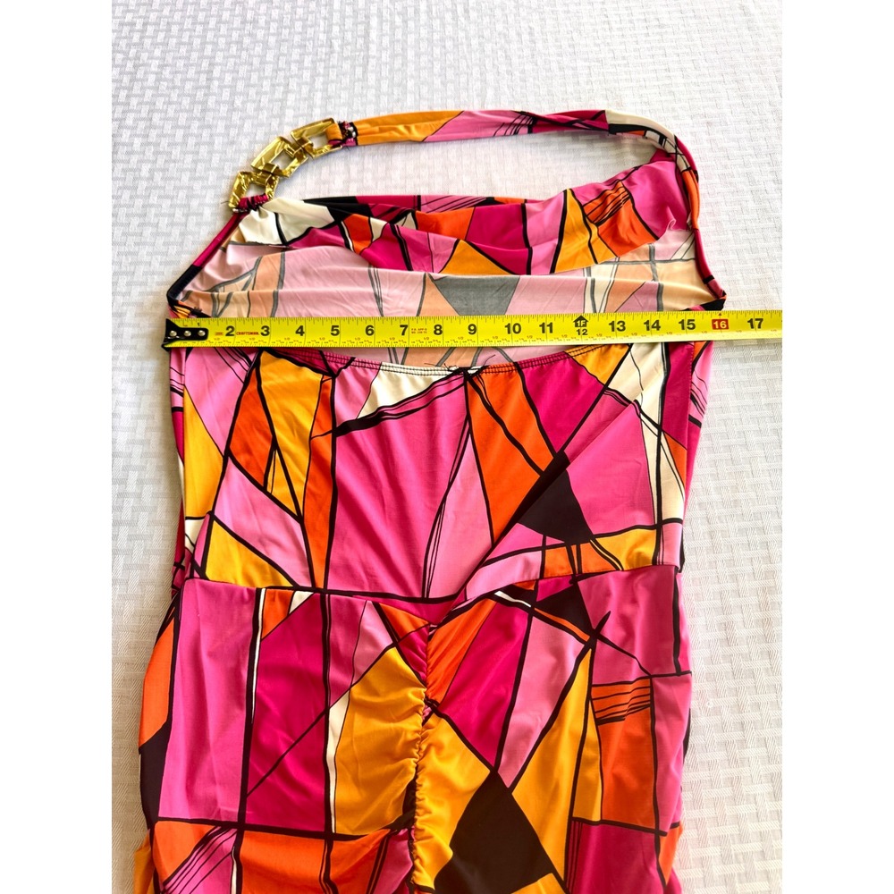 Juju & B Pink Geometric Halter Mini Dress Gold Chain Ruched Bodycon Size L - Picture 10 of 11